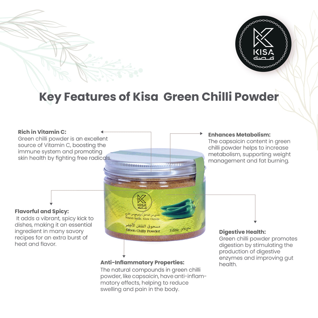 KISA PURE GREEN CHILLI POWDER 100 GM BOTTLE